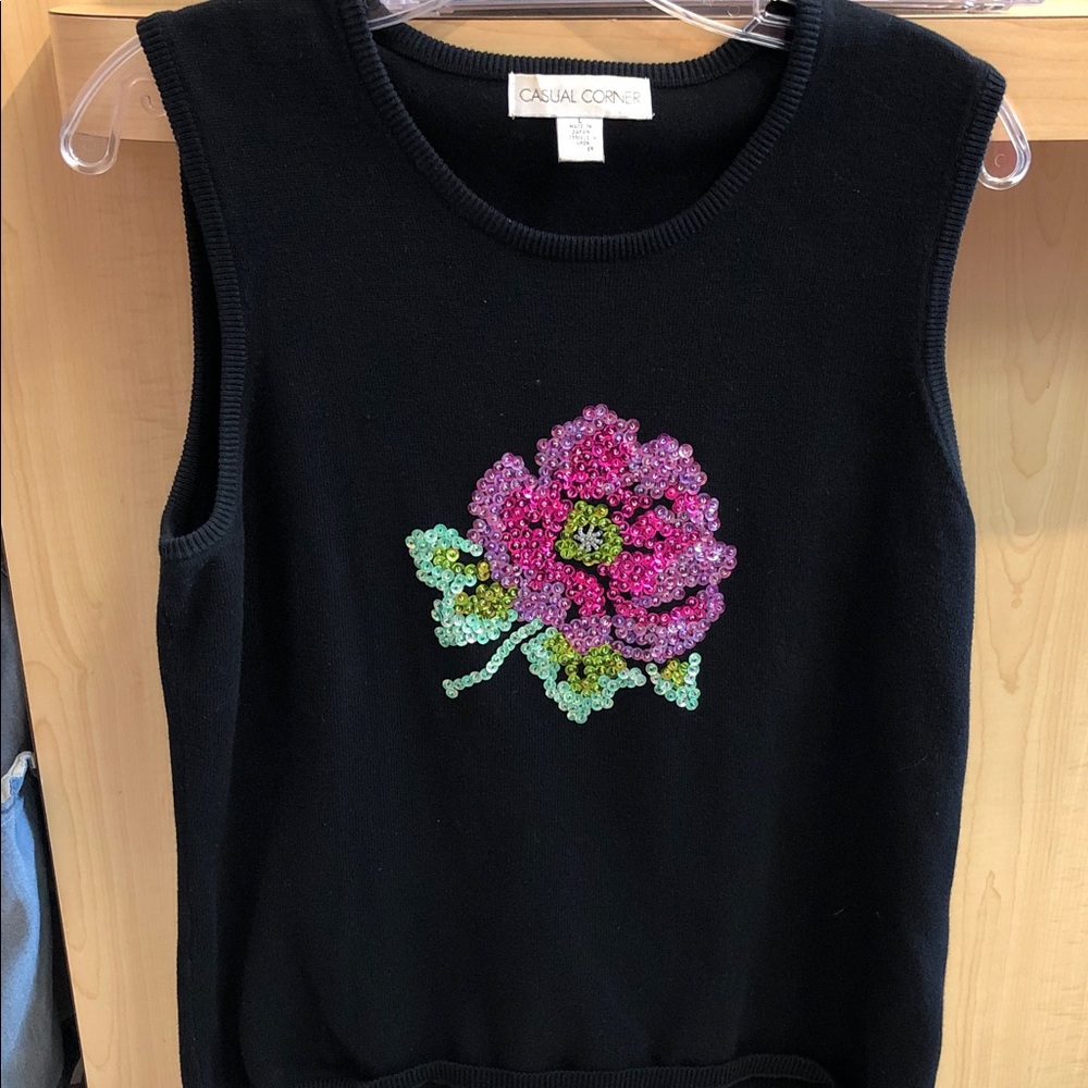 Casual Corner Black Knit Tank with Pink & Green Beaded Flower